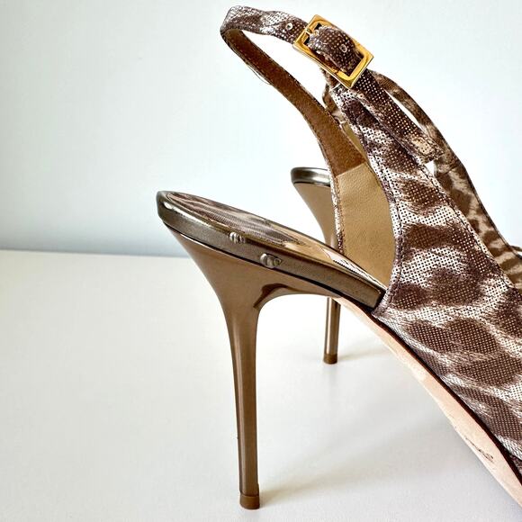 Jimmy Choo Nova Leopard Print Gold Shimmer Leather Slingback Pumps Size 38 - Picture 14 of 16